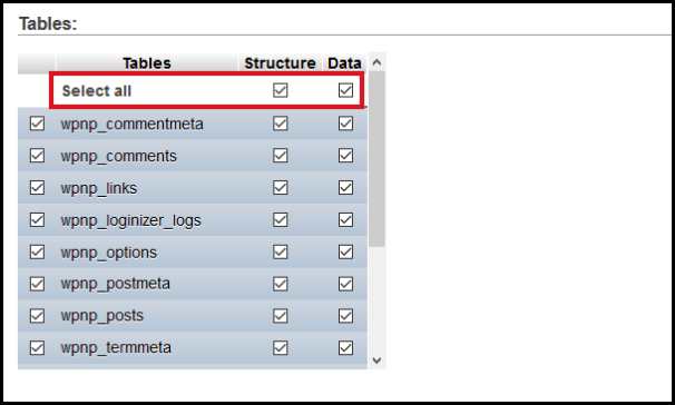 select all tables custom export