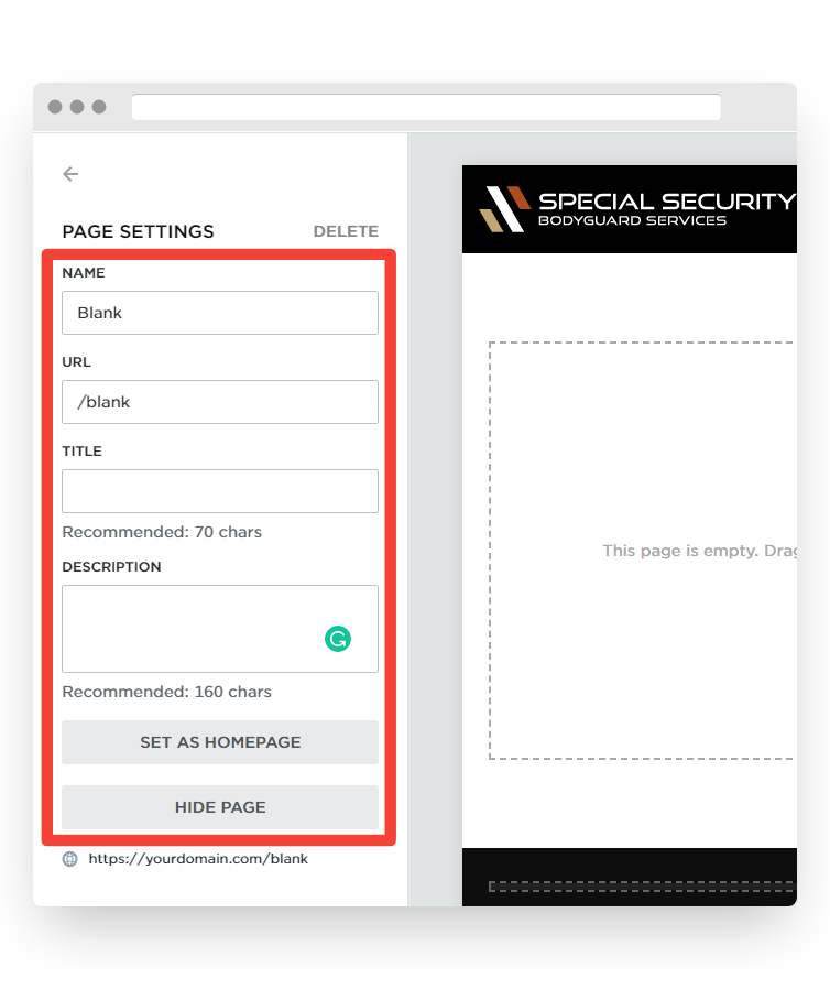 Screenshot of VD Website Builder Pages Page Settings