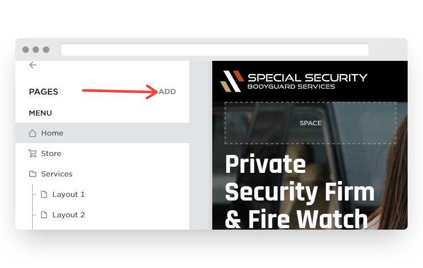 Screenshot of VD Website Builder Pages Add Button