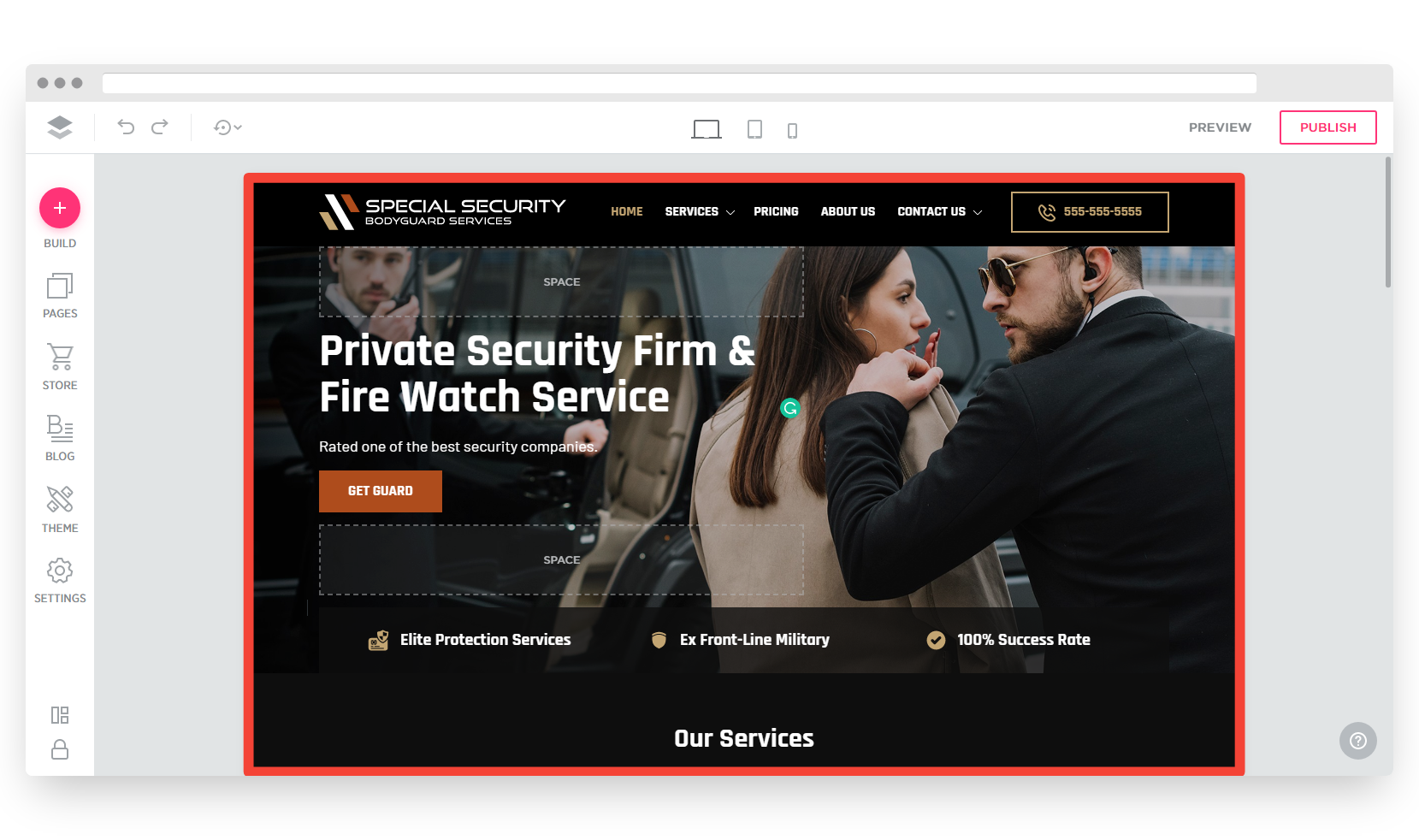 Screenshot of VD Website Builder Interface Canvas
