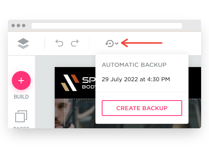 Screenshot of VD Website Builder Interface Site Backups Icon