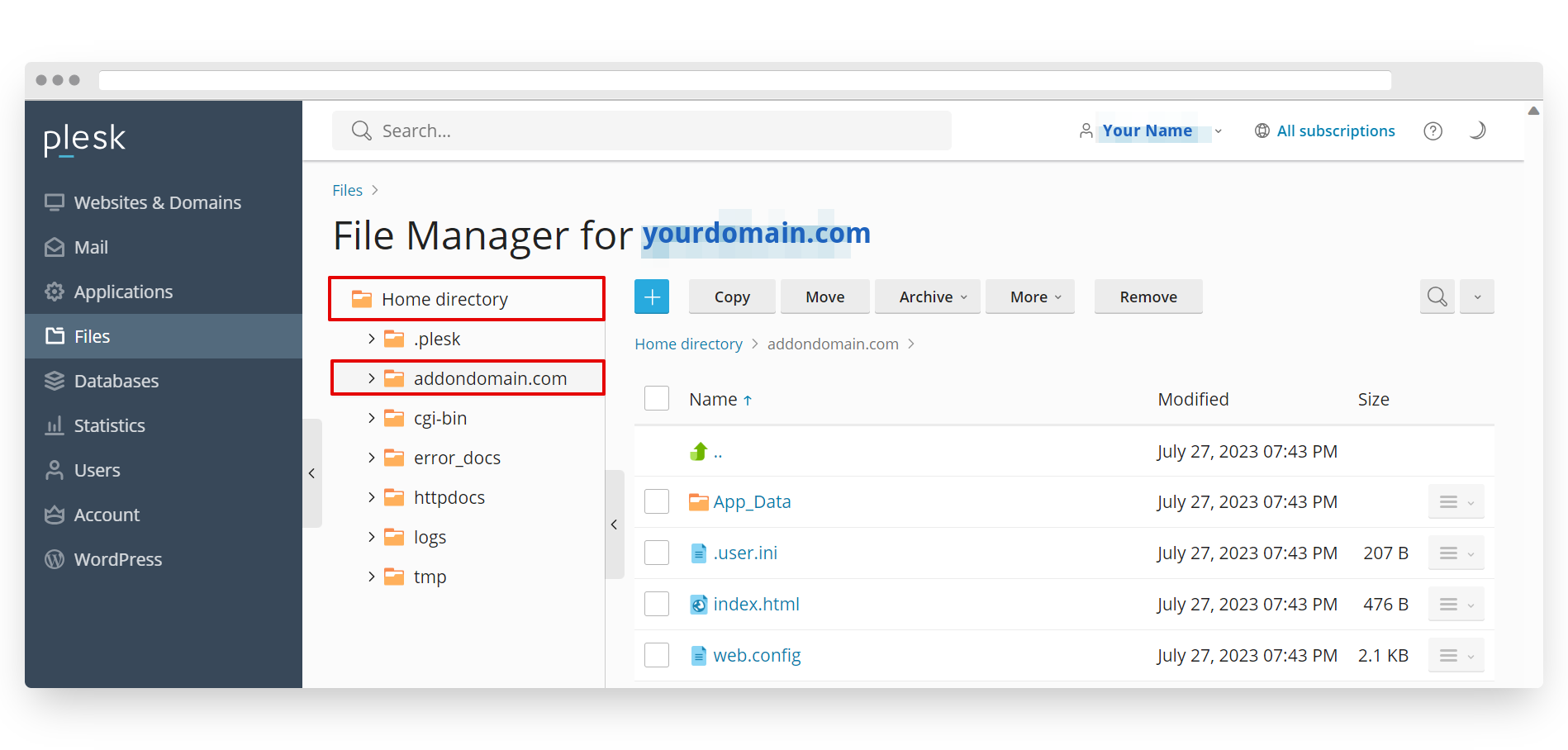 Screenshot of VD Windows Hosting Plesk Addon Domain File Manager