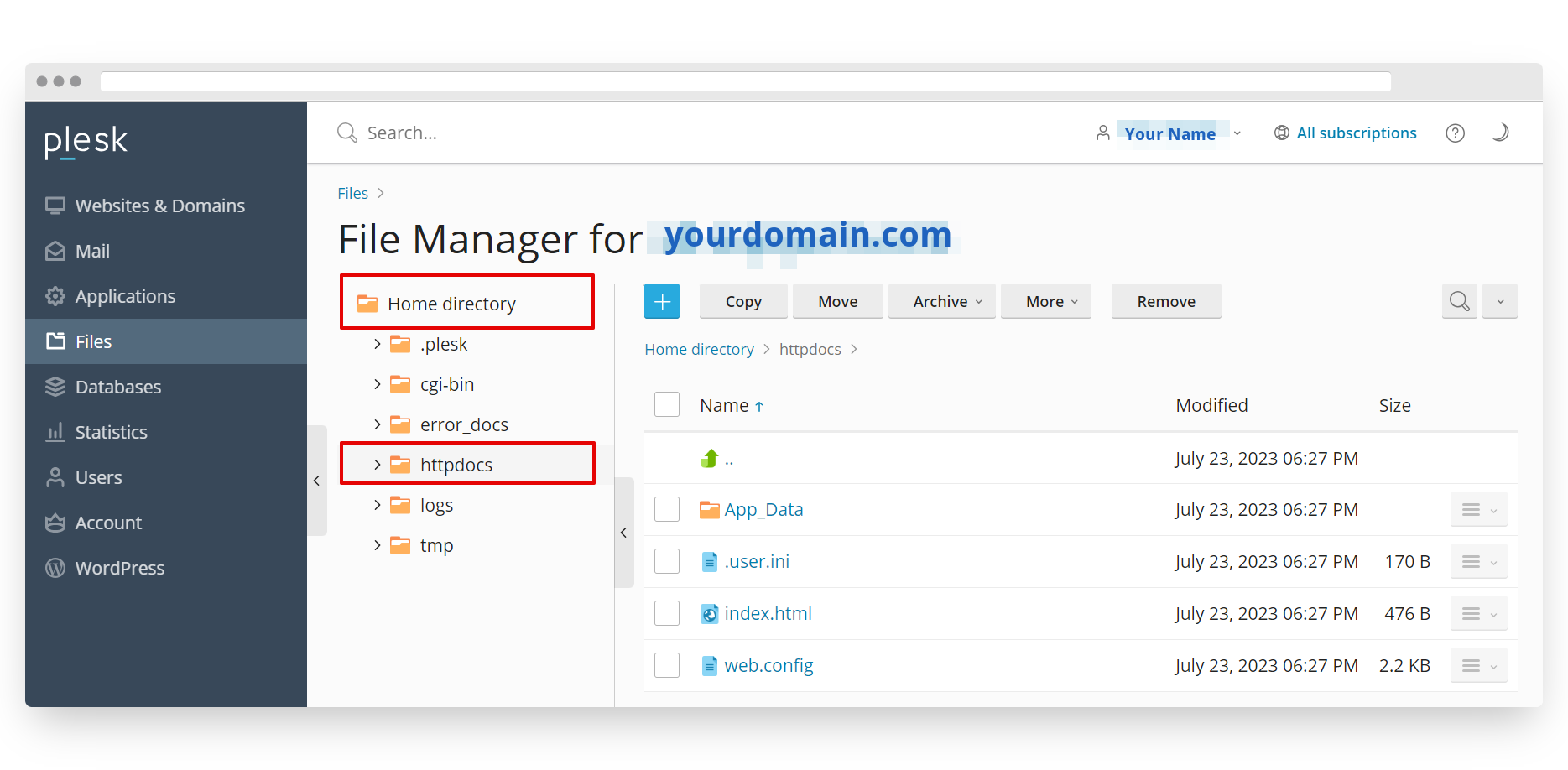 Screenshot of VD Windows Hosting Plesk Main Domain File Manager Page