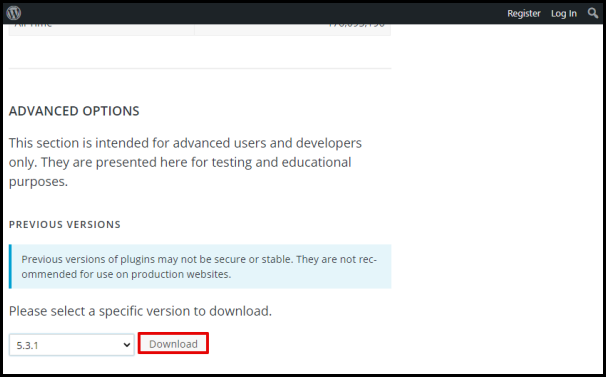 Screenshot of VD WordPress Select Specific Version Download Button