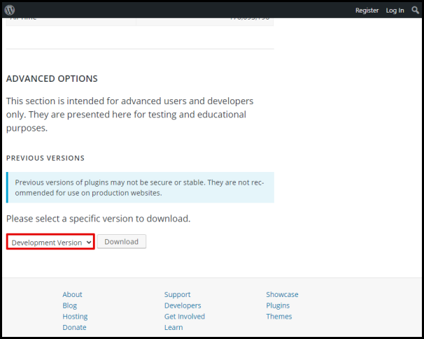 Screenshot of VD WordPress Plugins Development Versions Dropdown