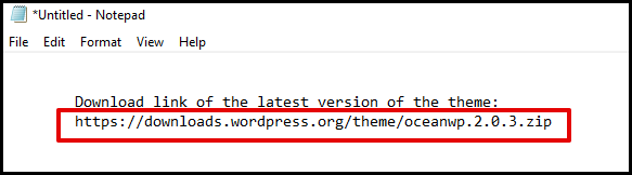 Screenshot of VD WordPress Themes Download Link on Notepad