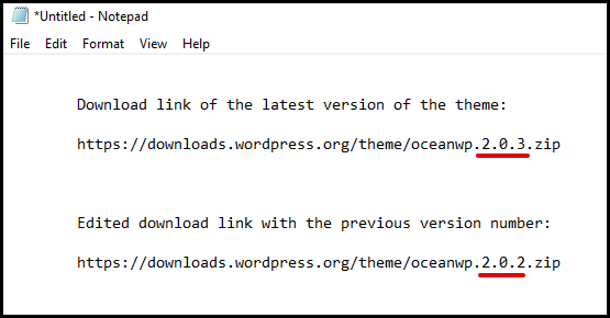 Screenshot of VD WordPress Themes Edit Download Link in Notepad