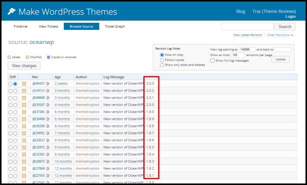 Screenshot of VD WordPress Themes Log Message Version List
