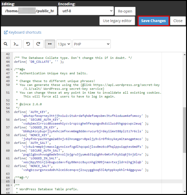 Screenshot of VD WordPress Security Keys Save Changes Button