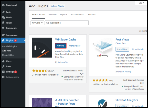Screenshot of VD WordPress WP Super Cache Activate Button