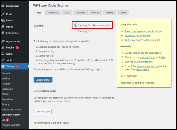 Screenshot of VD WordPress WP Super Cache Caching On