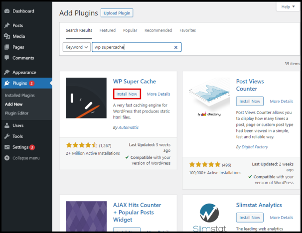 Screenshot of VD WordPress WP Super Cache Install Now Button