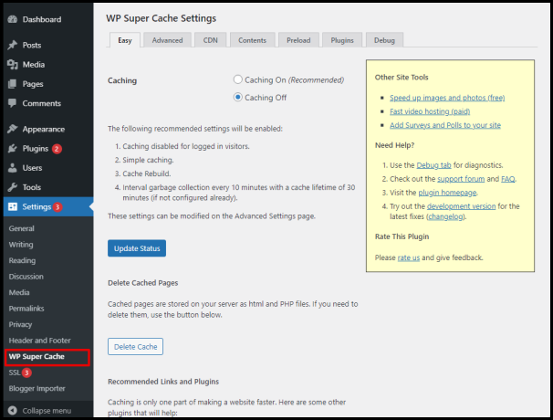 Screenshot of VD WordPress WP Super Cache Tab