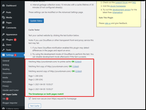 Screenshot of VD WordPress WP Super Cache Test Results