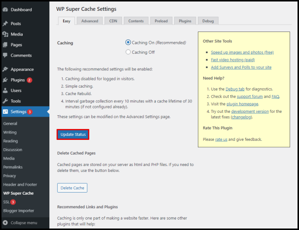 Screenshot of VD WordPress Update Status Button